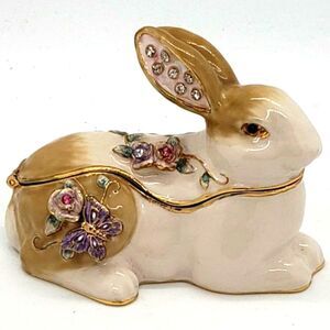Enamel Vintage Floral Butterfly Bejeweled Rabbit Hinged Trinket Box